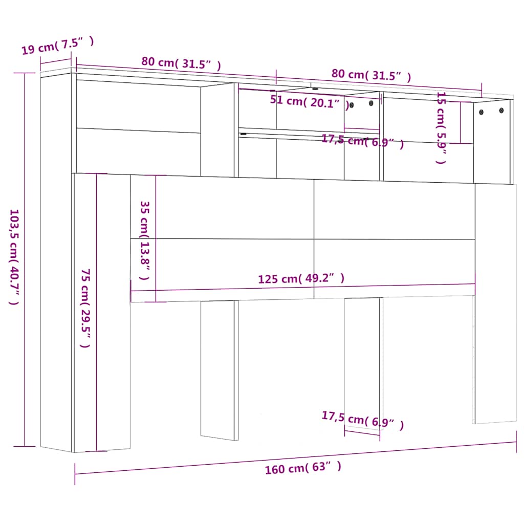 sengegavl med opbevaring 160x19x103,5 cm betongrå