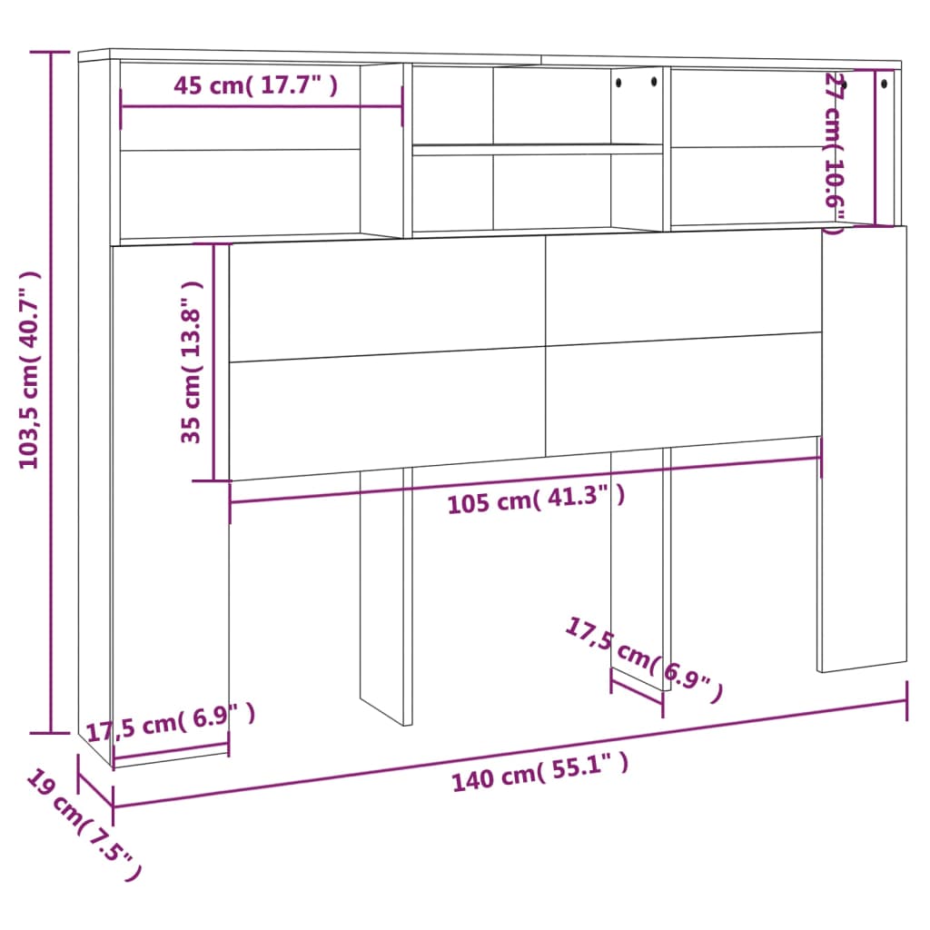 sengegavl med opbevaring 140x19x103,5 cm røget egetræsfarve