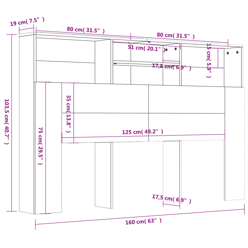 sengegavl med opbevaring 160x19x103,5 cm røget egetræsfarve
