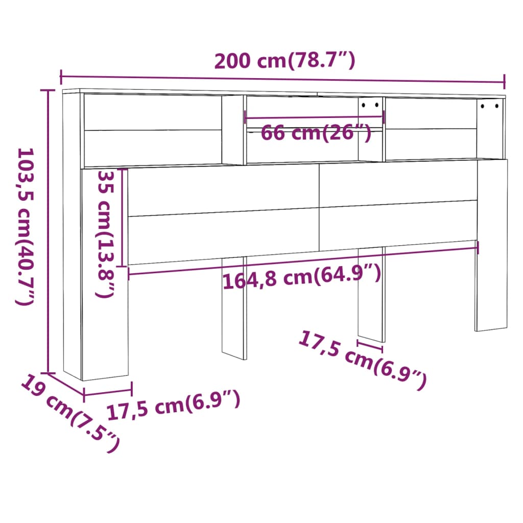 sengegavl med opbevaring 200x19x103,5 cm grå sonoma-eg