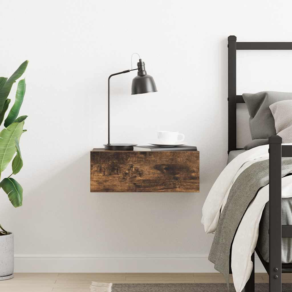 væghængt natbord 40x30x15 cm konstrueret træ røget egetræ