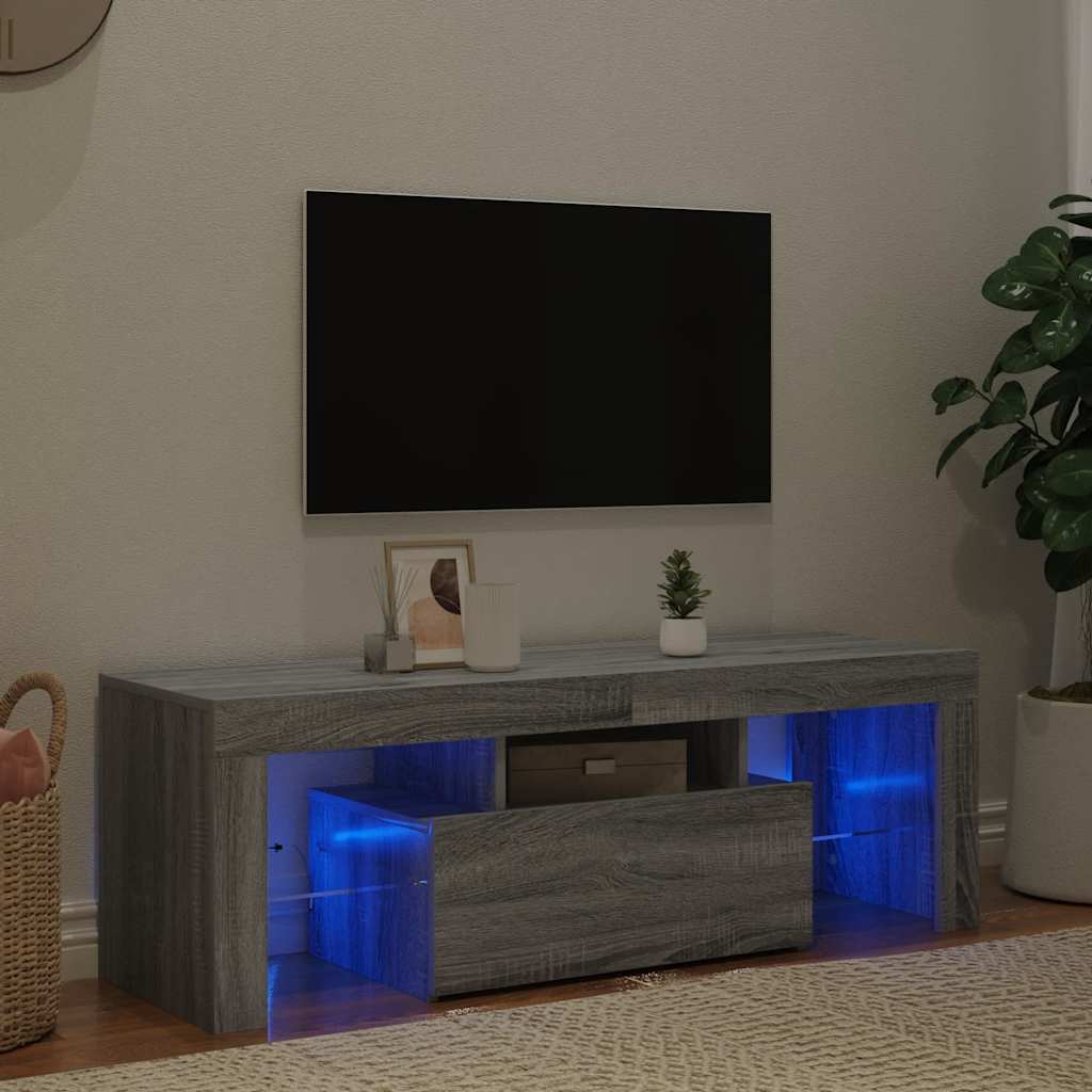 tv-bord med LED-lys 120x35x40 cm grå sonoma-eg