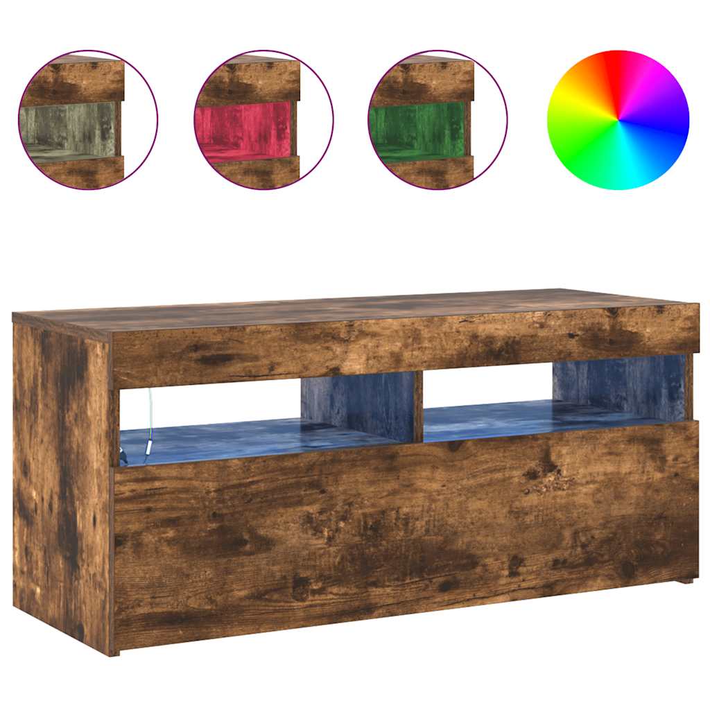 tv-bord med LED-lys 90x35x40 cm røget egetræsfarve