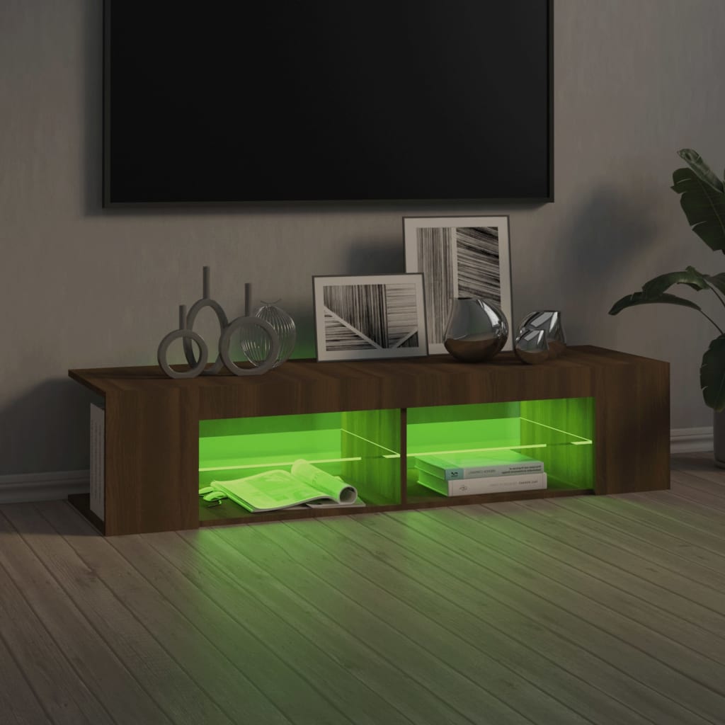tv-bord med LED-lys 135x39x30 cm brun eg