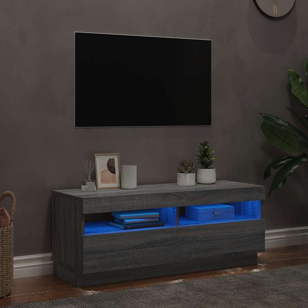 tv-bord med LED-lys 100x35x40 cm grå sonoma-eg