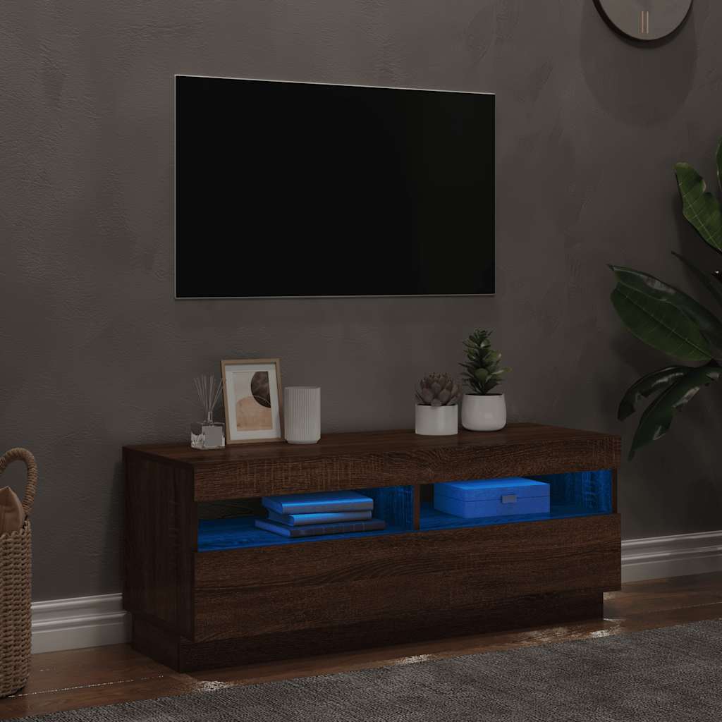 tv-bord med LED-lys 100x35x40 cm brun eg
