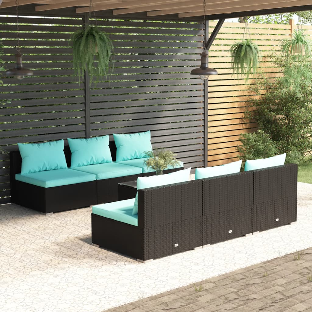 loungesæt til haven 7 dele med hynder polyrattan sort