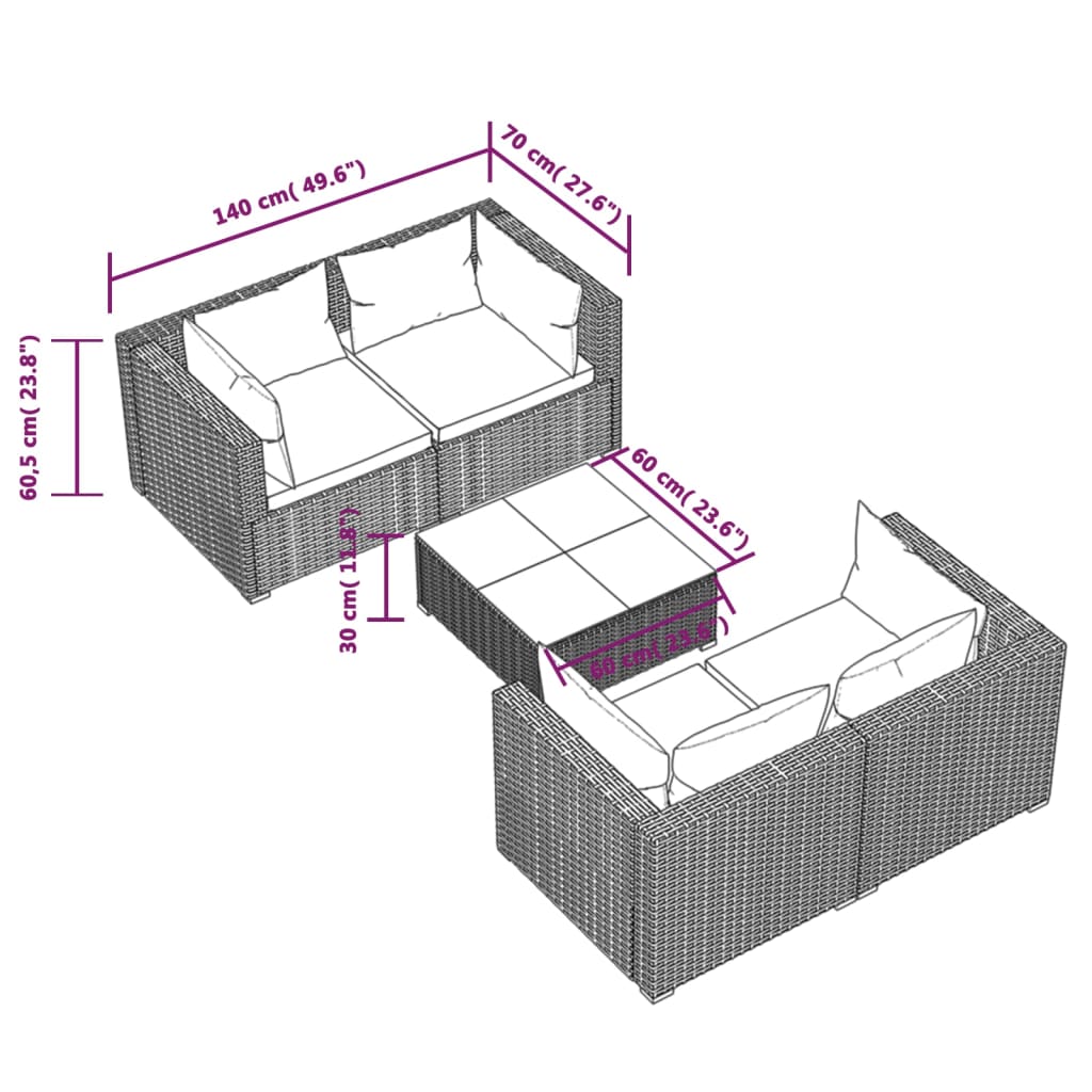 loungesæt til haven 5 dele med hynder polyrattan brun