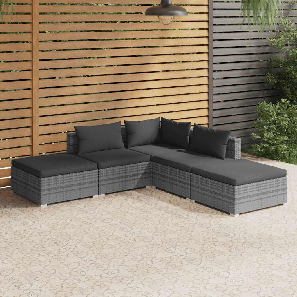 loungesæt til haven 5 dele med hynder polyrattan grå