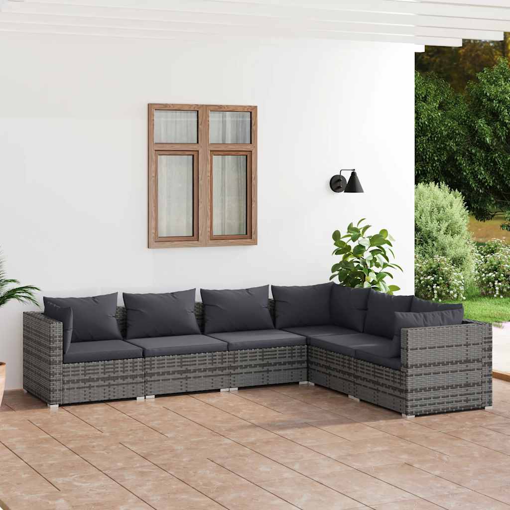 loungesæt til haven 6 dele med hynder polyrattan grå