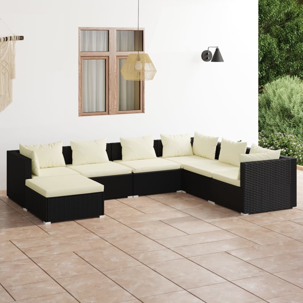 loungesæt til haven 7 dele med hynder polyrattan sort
