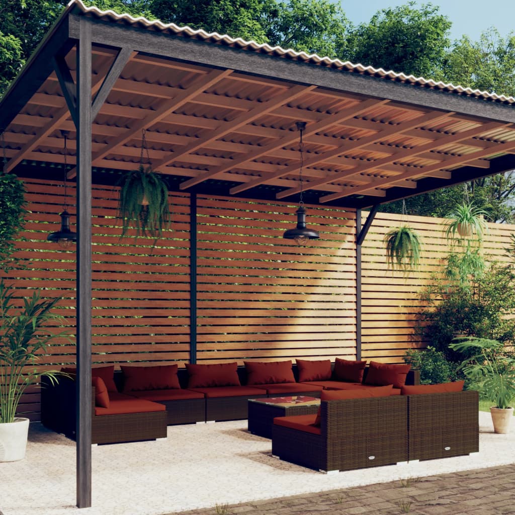 loungesæt til haven 10 dele med hynder polyrattan brun