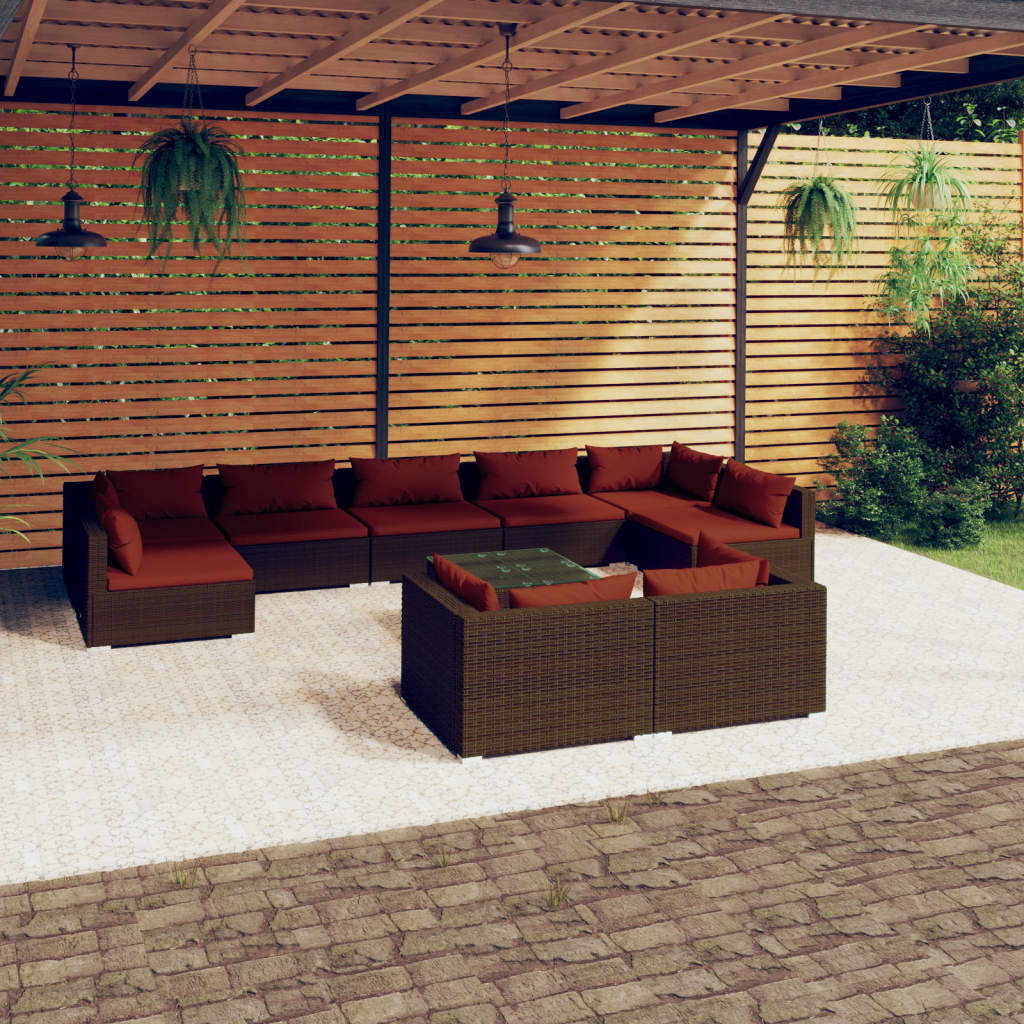 loungesæt til haven 10 dele med hynder polyrattan brun