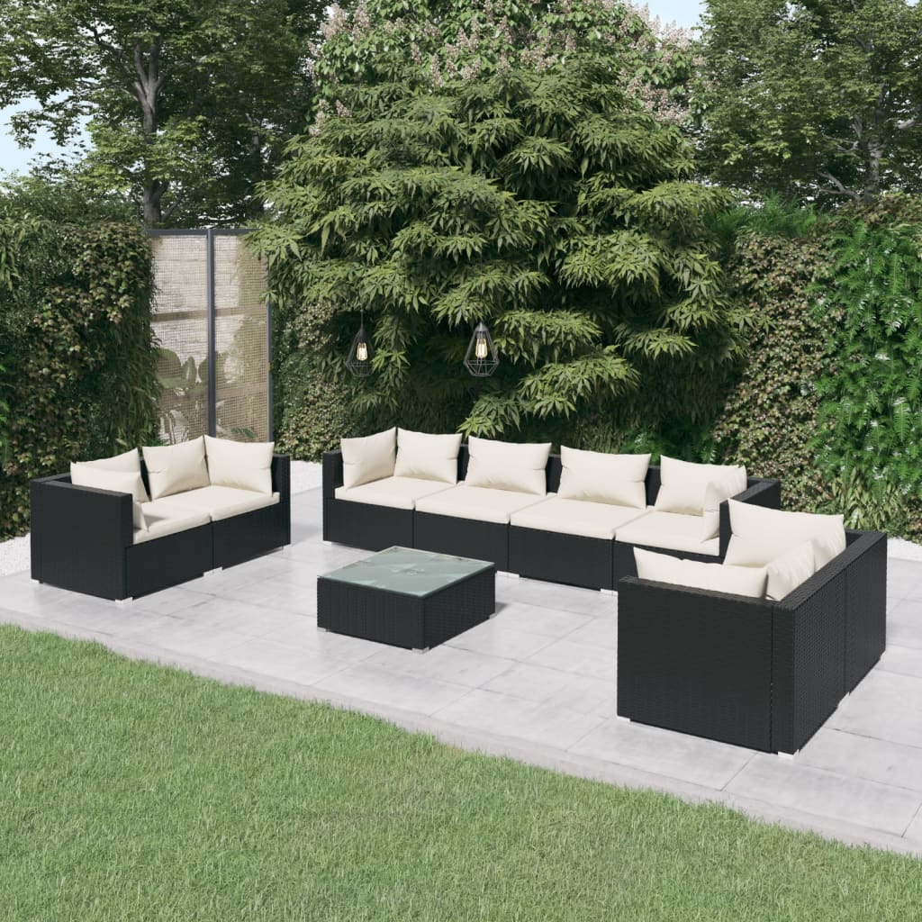 loungesæt til haven 9 dele med hynder polyrattan sort