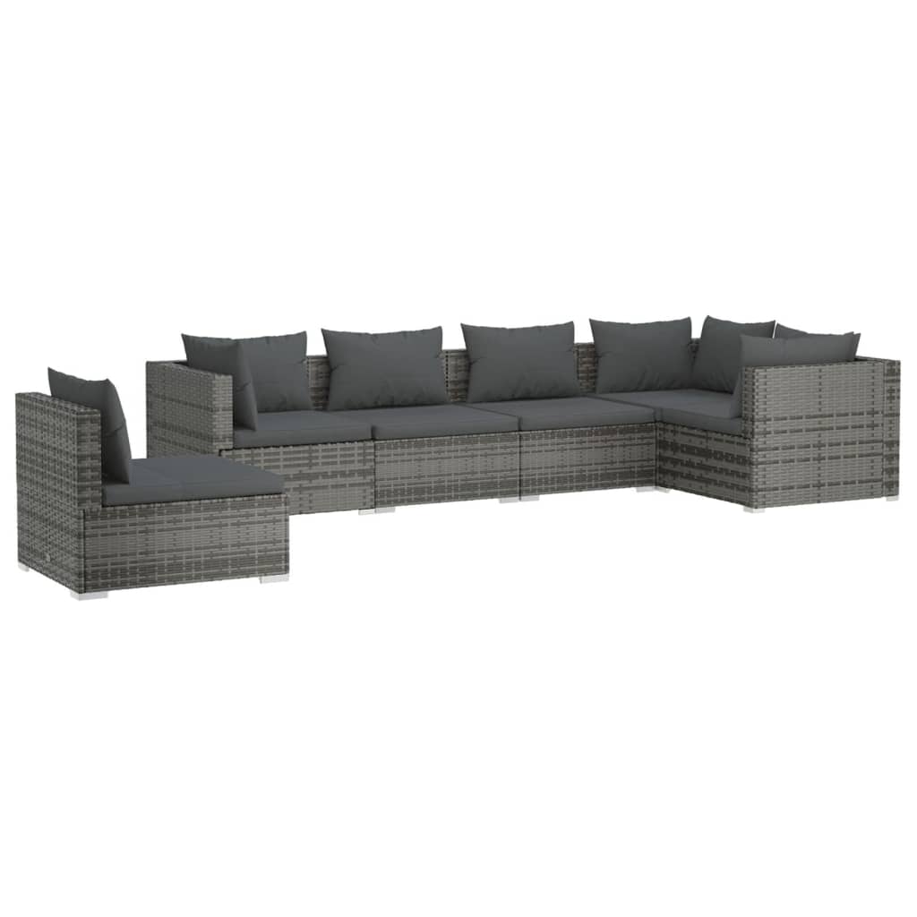 loungesæt til haven 6 dele med hynder polyrattan grå