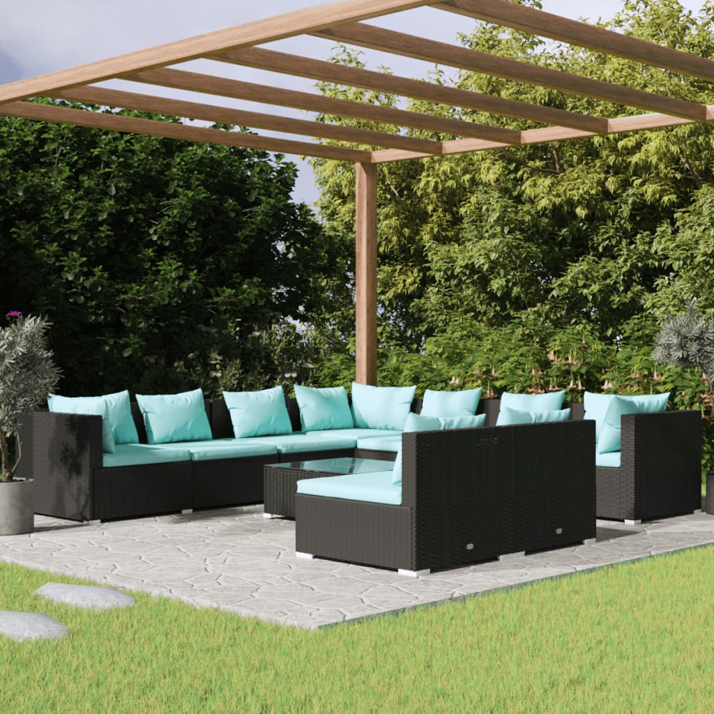 loungesæt til haven 10 dele med hynder polyrattan sort