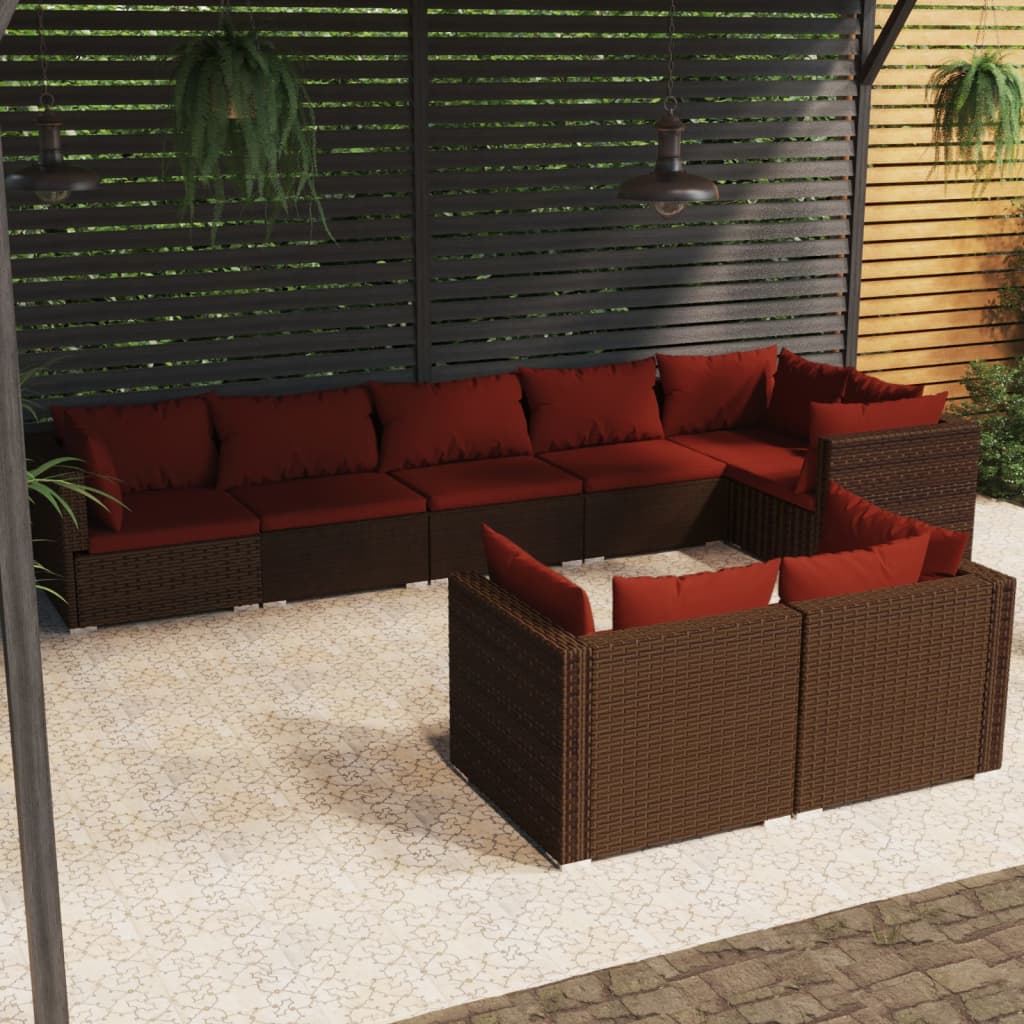 loungesæt til haven 8 dele med hynder polyrattan brun
