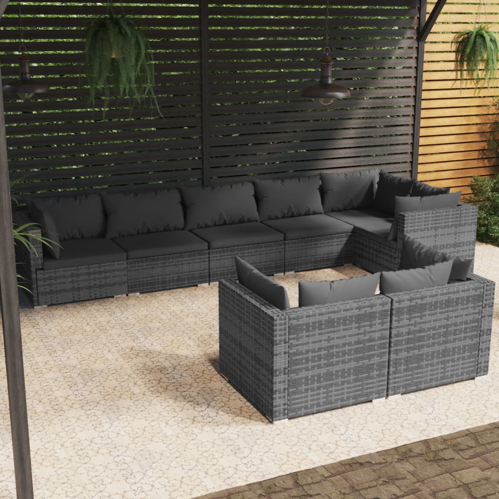 loungesæt til haven 8 dele med hynder polyrattan grå