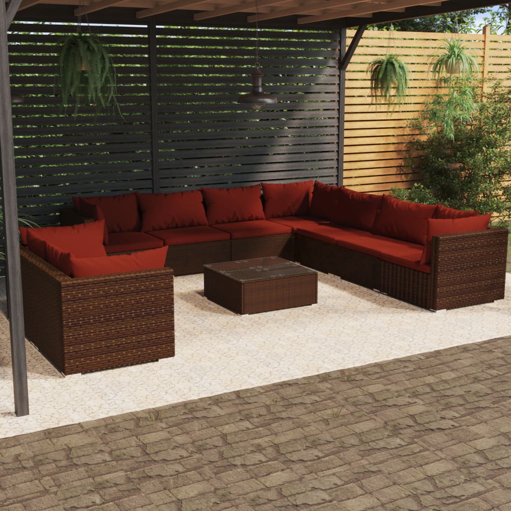 loungesæt til haven 10 dele med hynder polyrattan brun