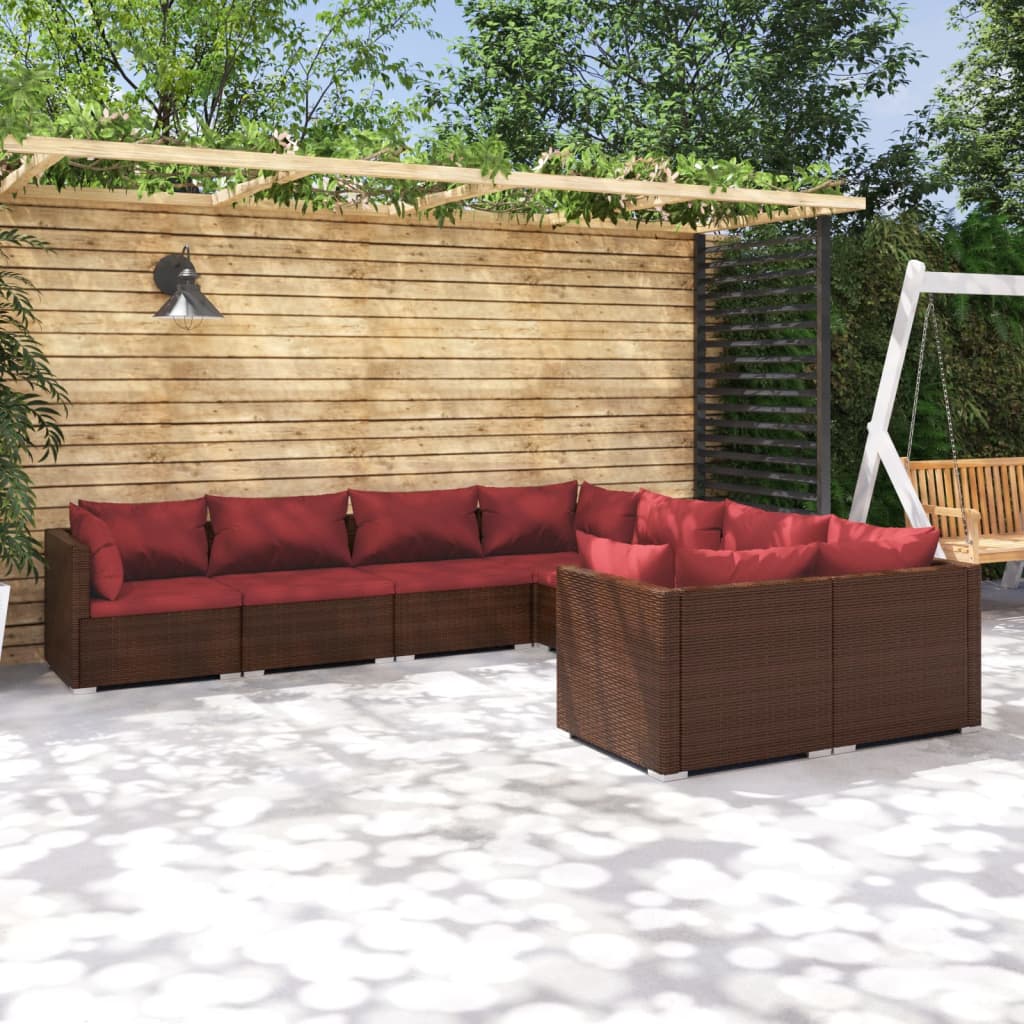 loungesæt til haven 8 dele med hynder polyrattan brun
