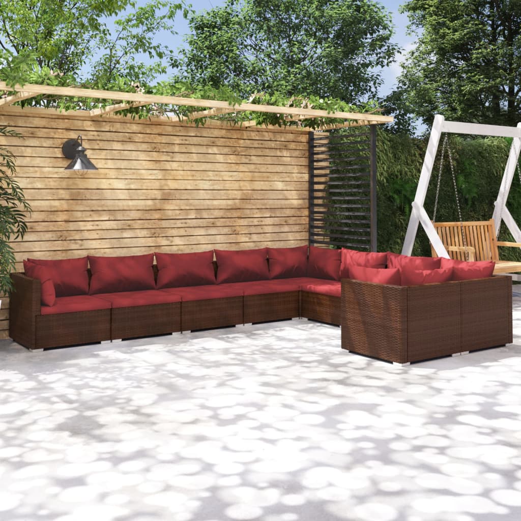 loungesæt til haven 9 dele med hynder polyrattan brun