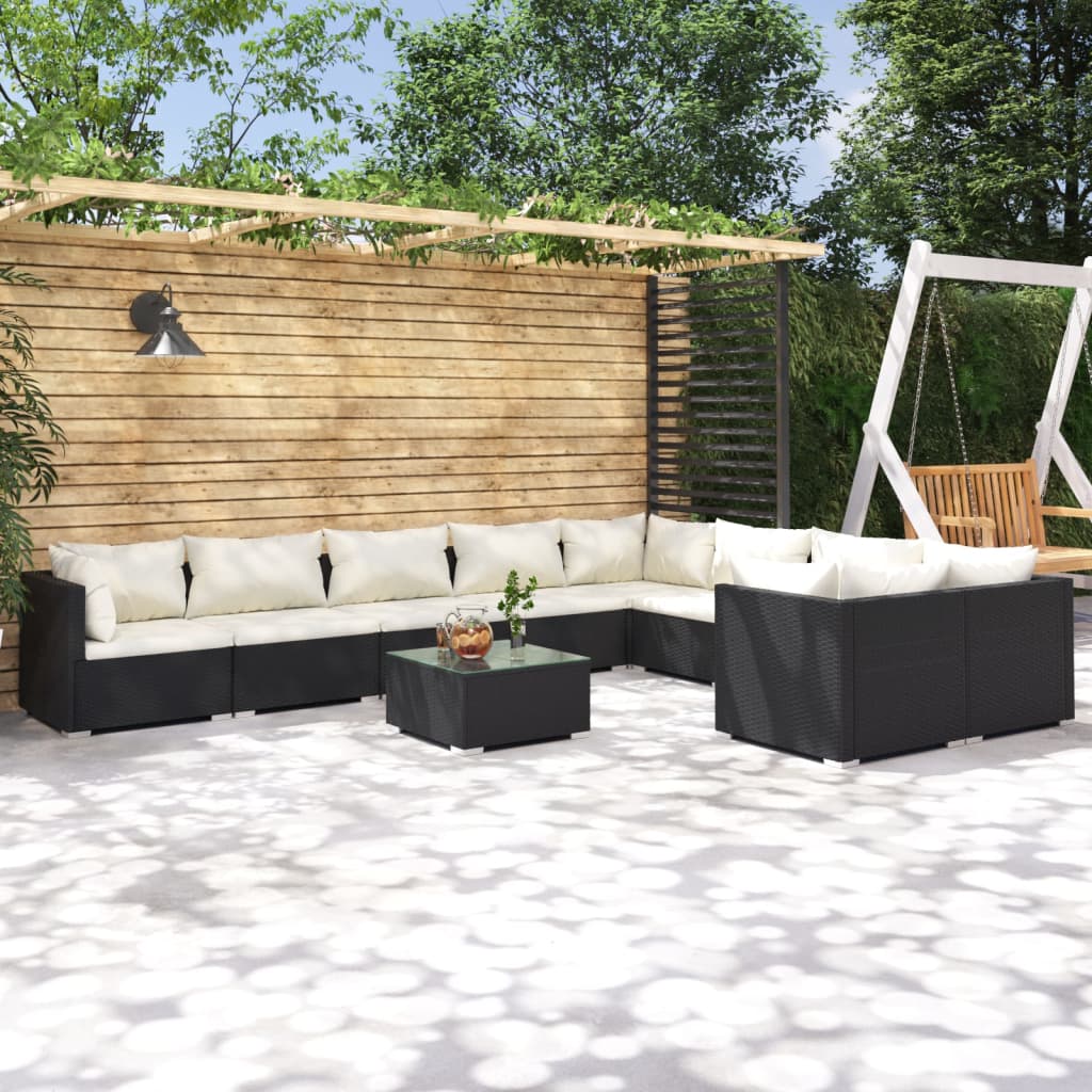 loungesæt til haven 10 dele med hynder polyrattan sort