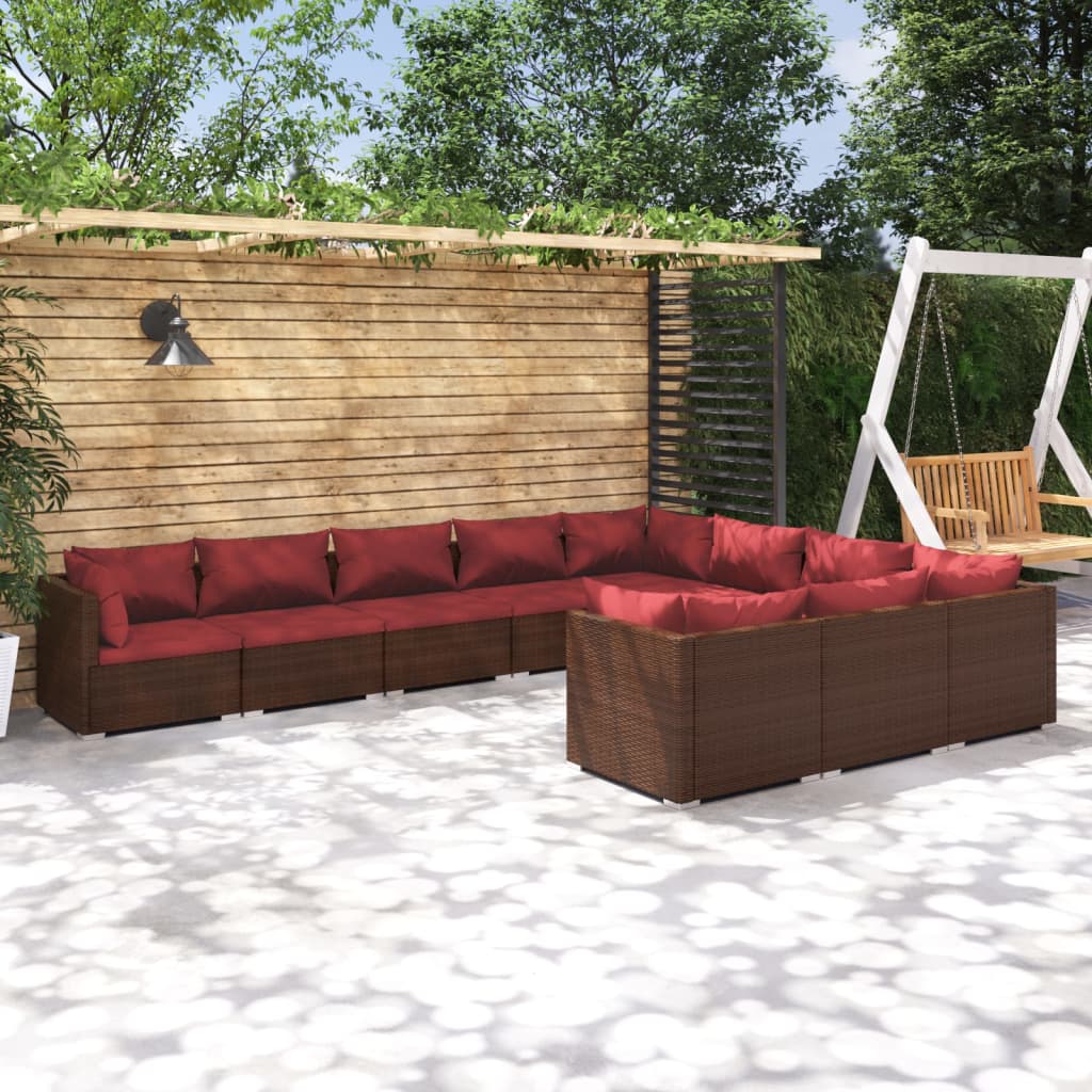 loungesæt til haven 10 dele med hynder polyrattan brun