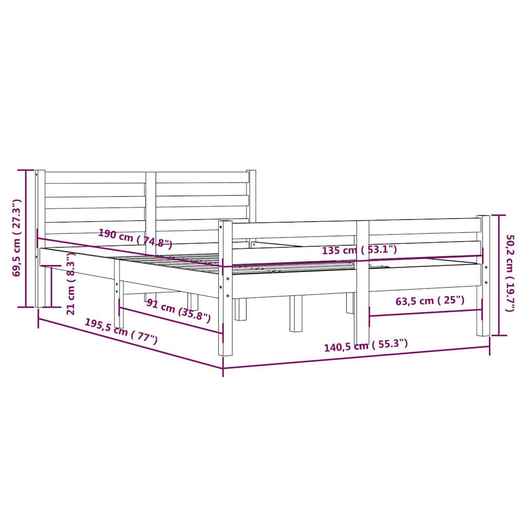 sengeramme 135x190 cm dobbelt massivt fyrretræ hvid