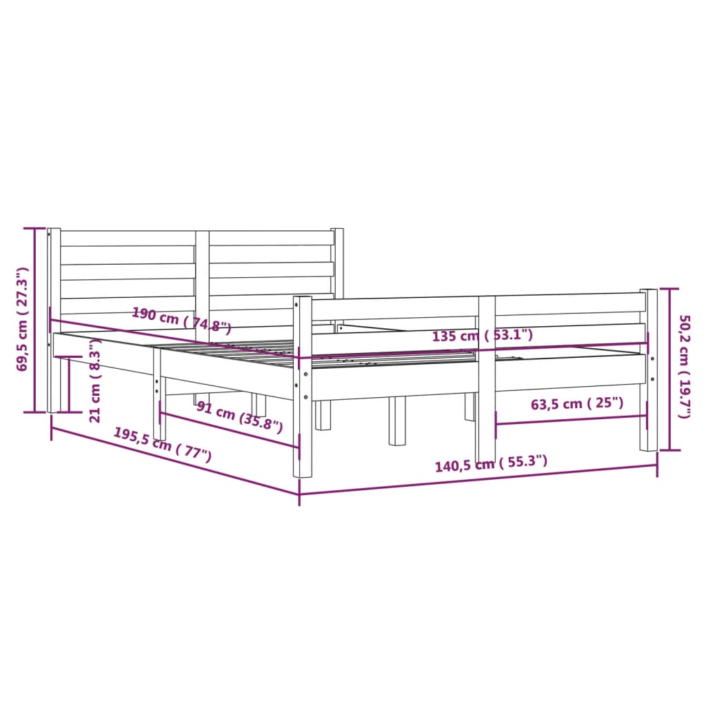 sengeramme 135x190 cm Double massivt fyrretræ gyldenbrun
