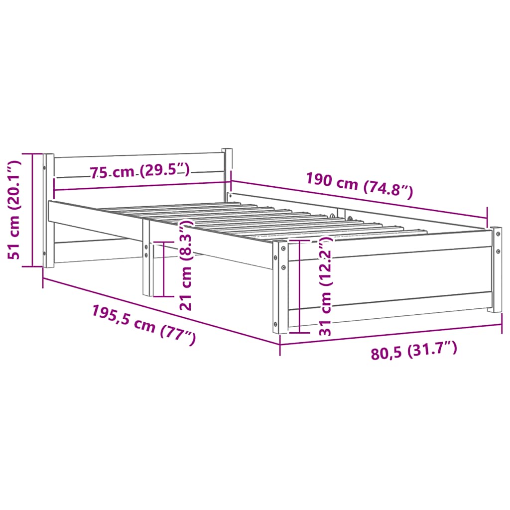sengeramme 75x190 cm massivt træ