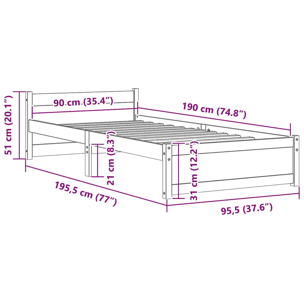 sengeramme 90x190 cm Single massivt træ hvid