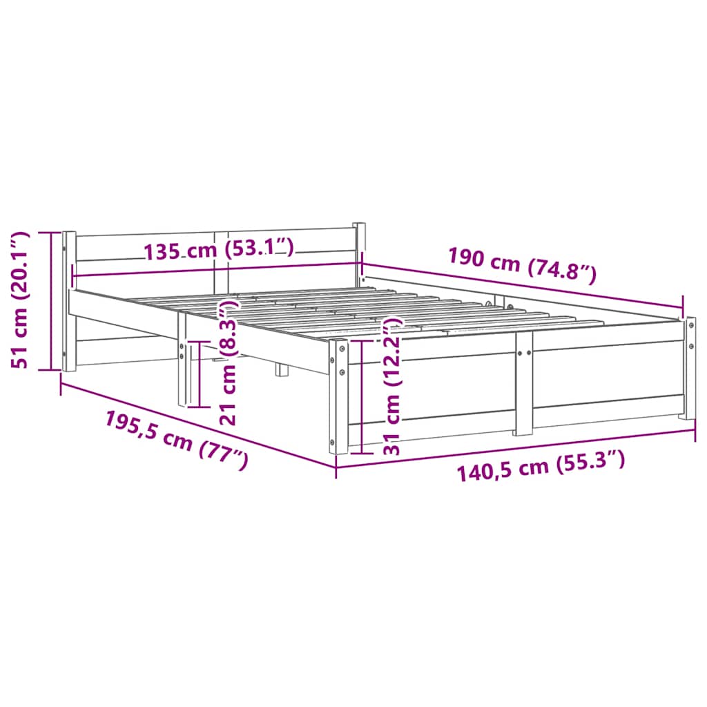 sengeramme 135x190 cm Double massivt fyrretræ sort