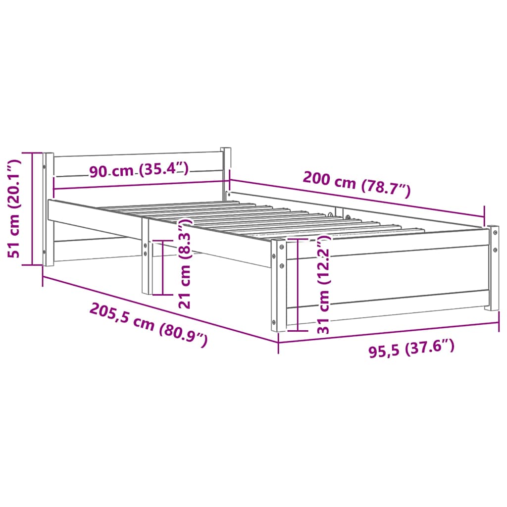 sengeramme 90x200 cm massivt træ sort
