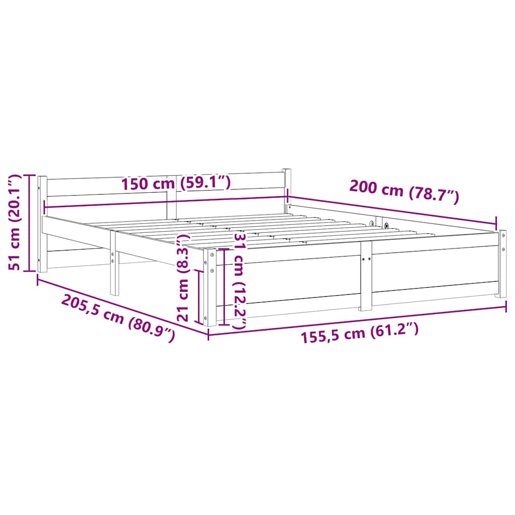 sengeramme 150x200 cm King Size massivt træ sort