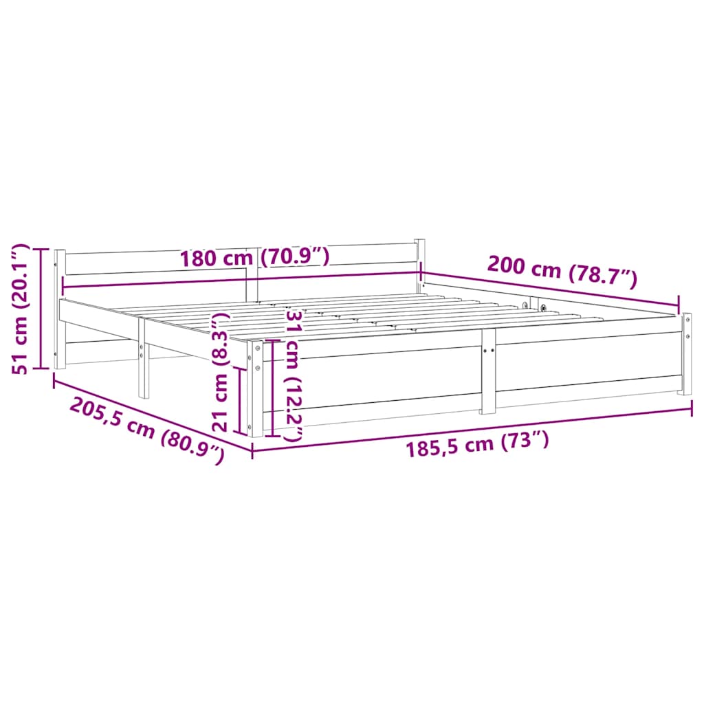 sengestel 180x200 cm Super King massivt fyrretræ hvid