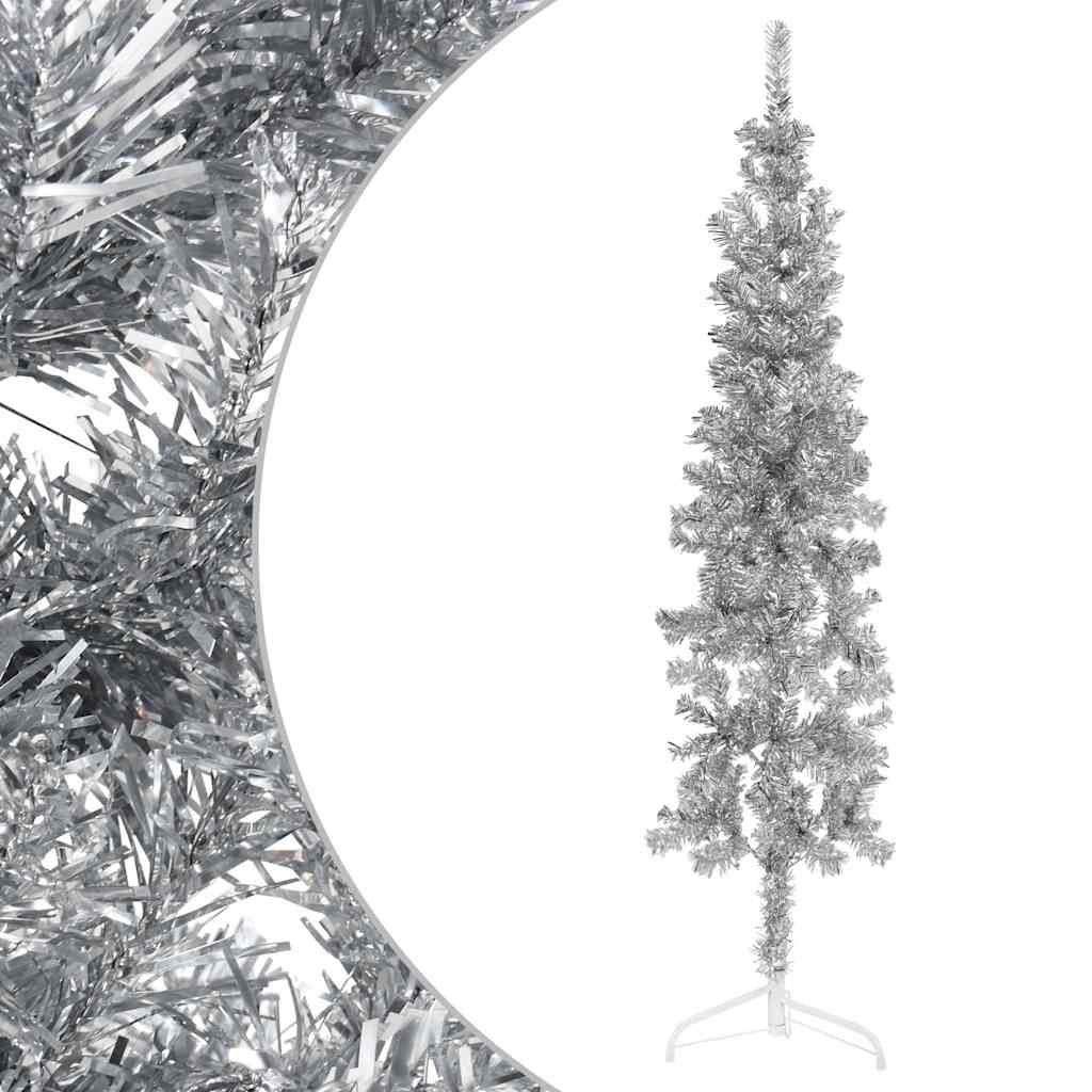 kunstigt halvt juletræ med juletræsfod 120 cm smalt sølvfarvet