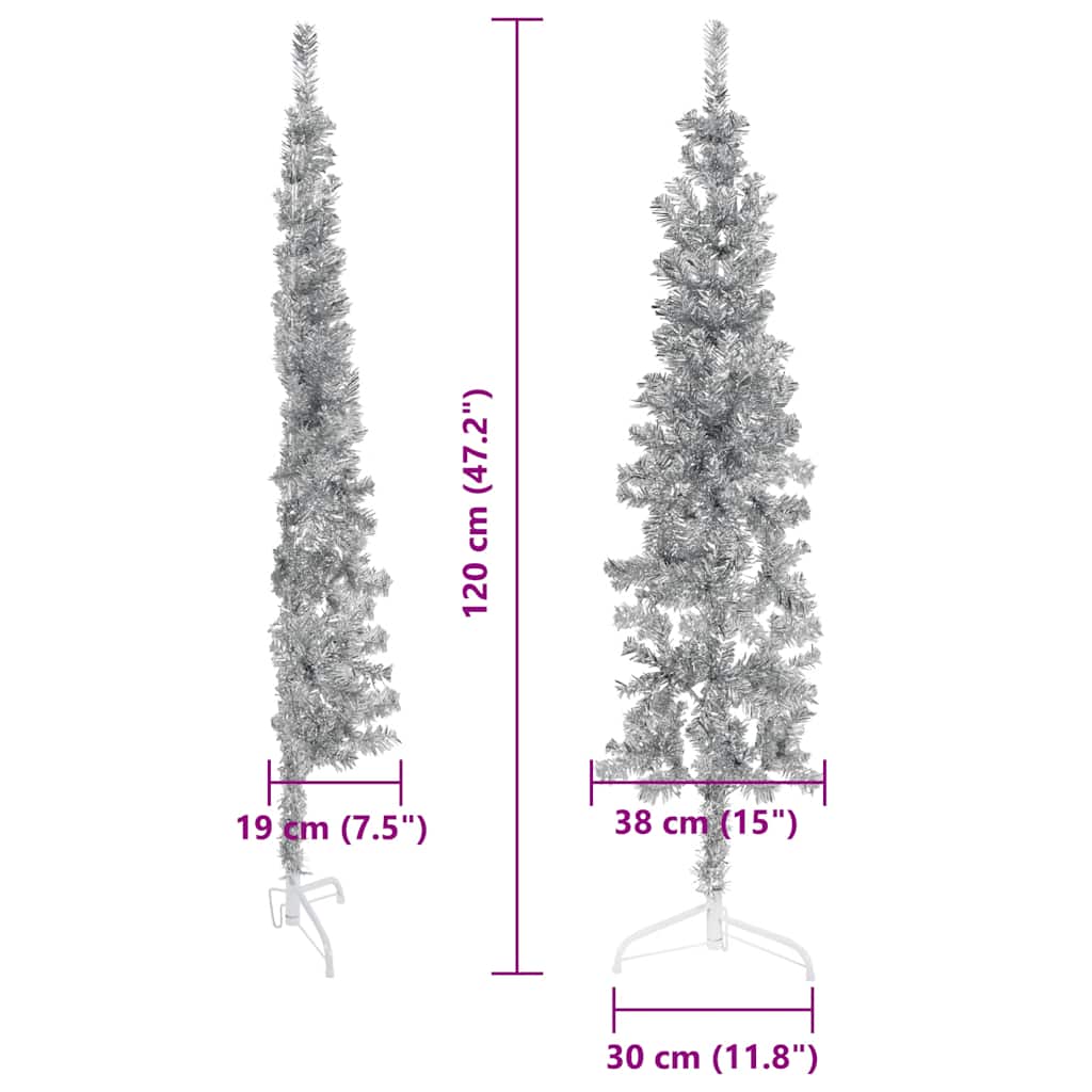 kunstigt halvt juletræ med juletræsfod 120 cm smalt sølvfarvet