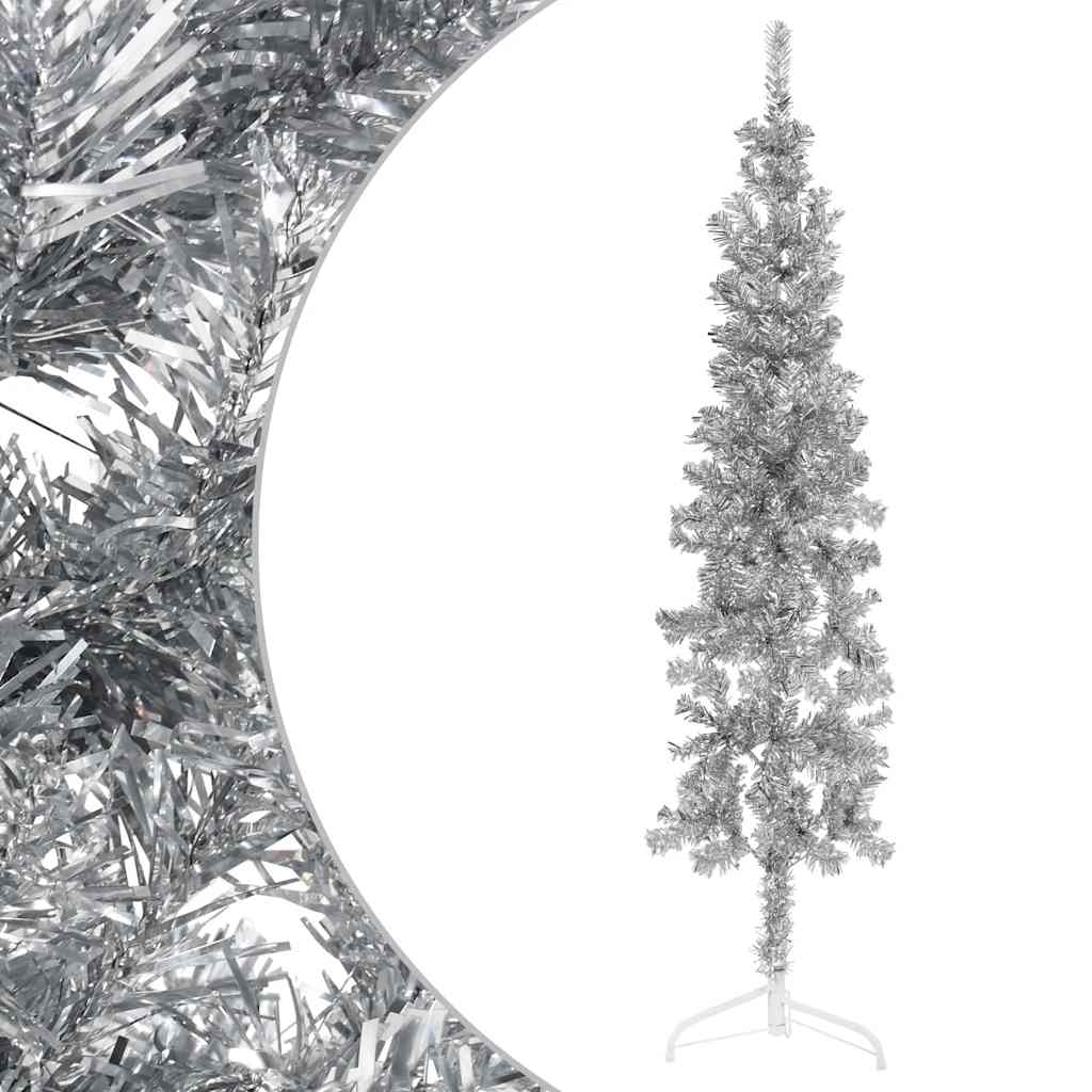 kunstigt halvt juletræ med juletræsfod 180 cm smalt sølvfarvet