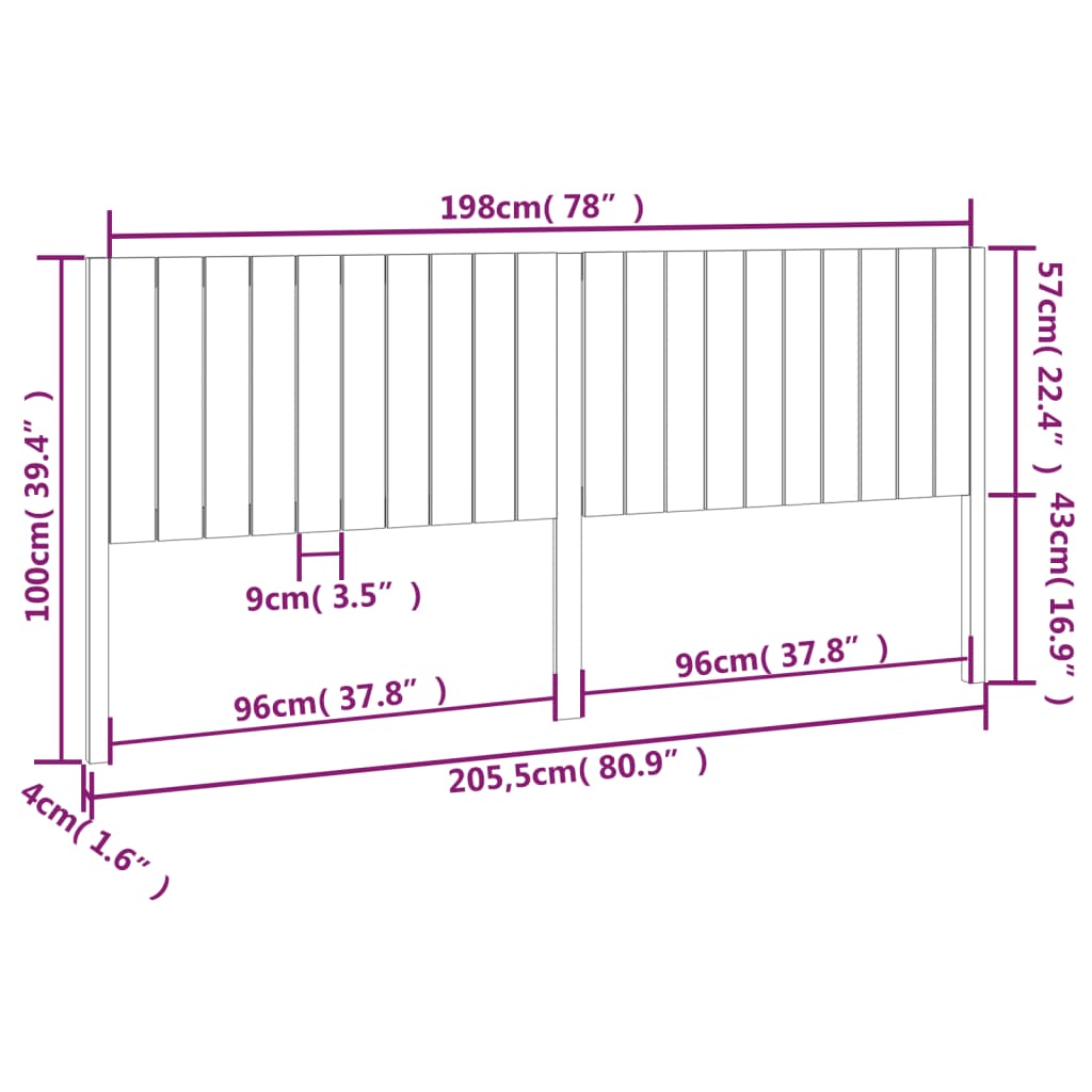 sengegavl 205,5x4x100 cm massivt fyrretræ
