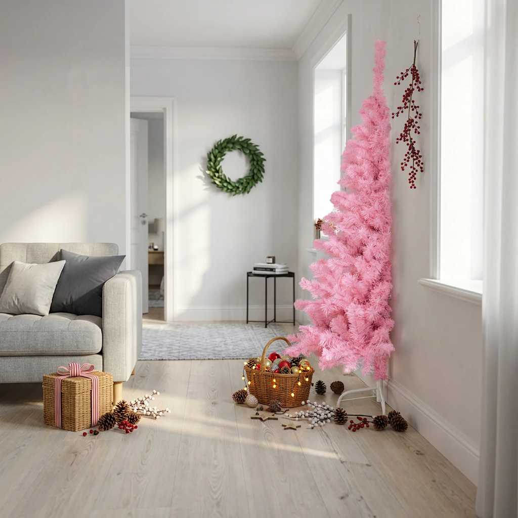 kunstigt halvt juletræ med juletræsfod 180 cm PVC pink