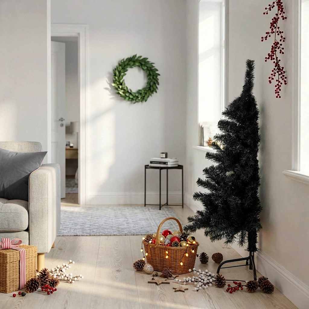 kunstigt halvt juletræ med juletræsfod 120 cm PVC sort