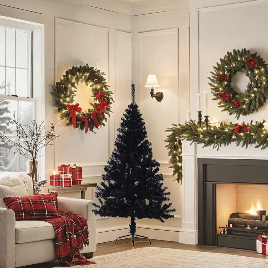 kunstigt halvt juletræ med juletræsfod 150 cm PVC sort