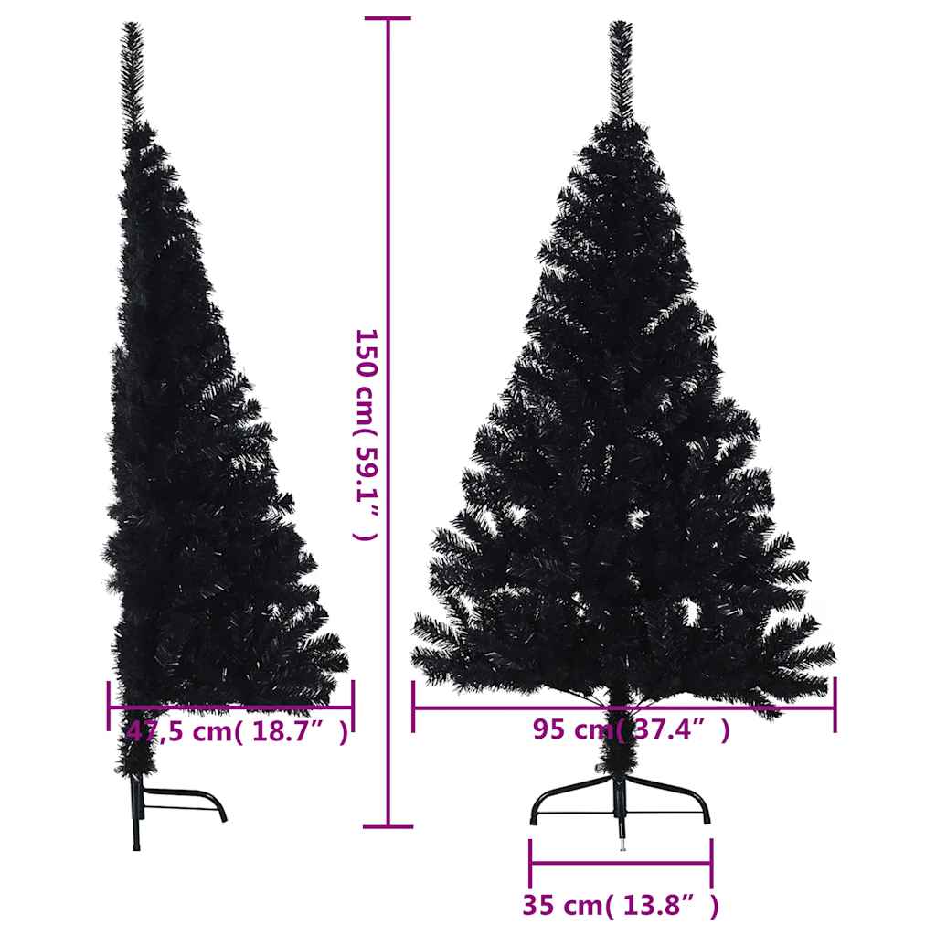 kunstigt halvt juletræ med juletræsfod 150 cm PVC sort