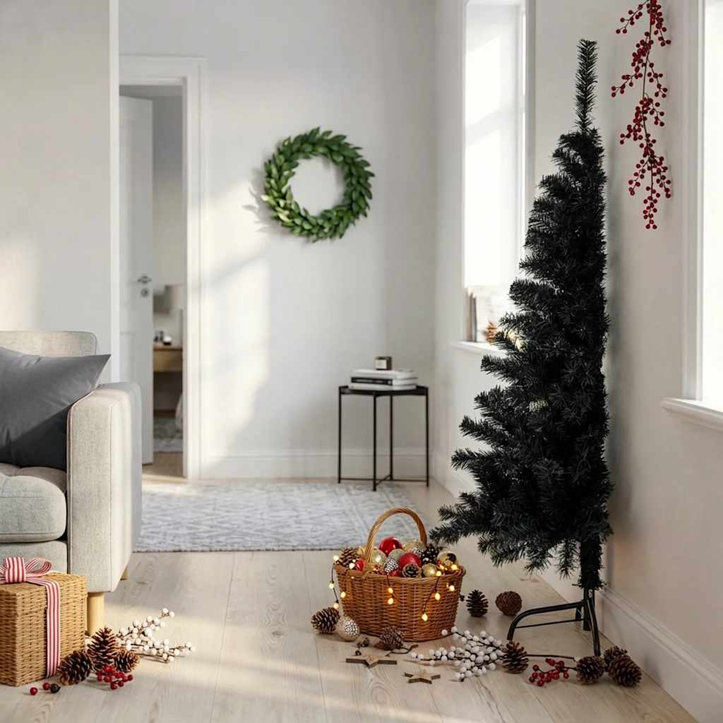 kunstigt halvt juletræ med juletræsfod 150 cm PVC sort