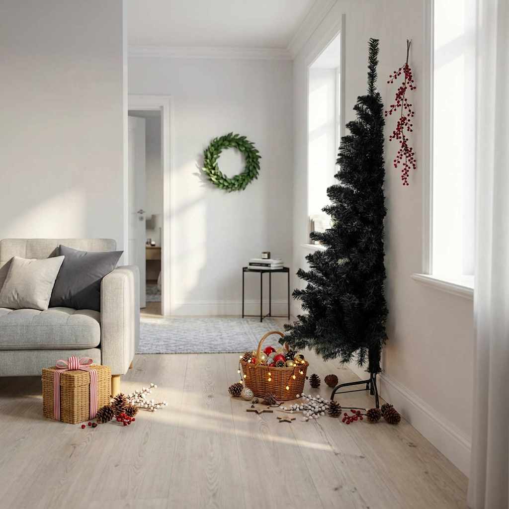 kunstigt halvt juletræ med juletræsfod 180 cm PVC sort