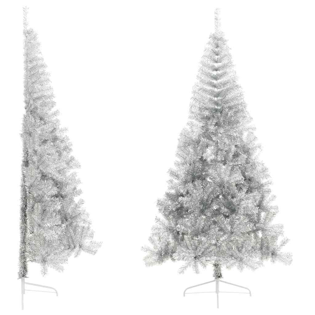 kunstigt halvt juletræ med juletræsfod 210 cm PET sølvfarvet
