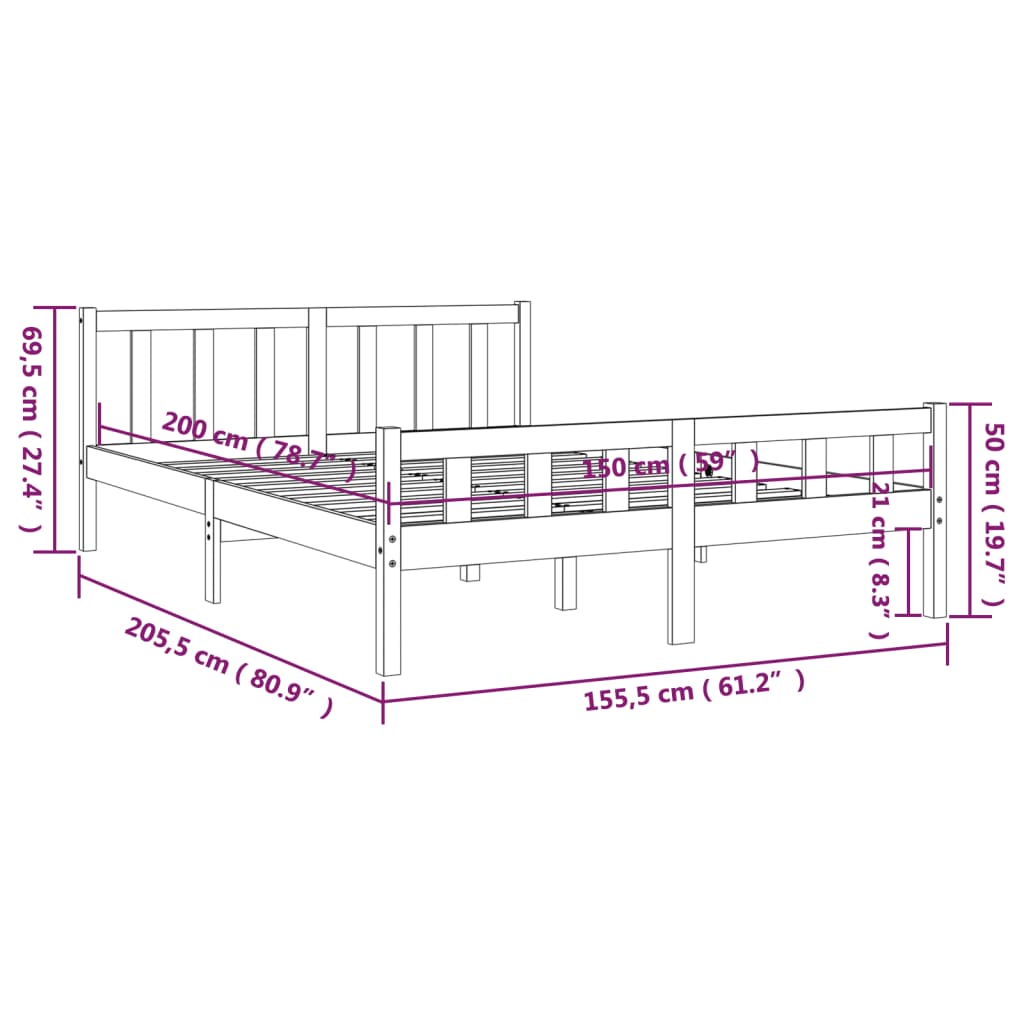 sengeramme 150x200 cm King Size massivt fyrretræ hvid