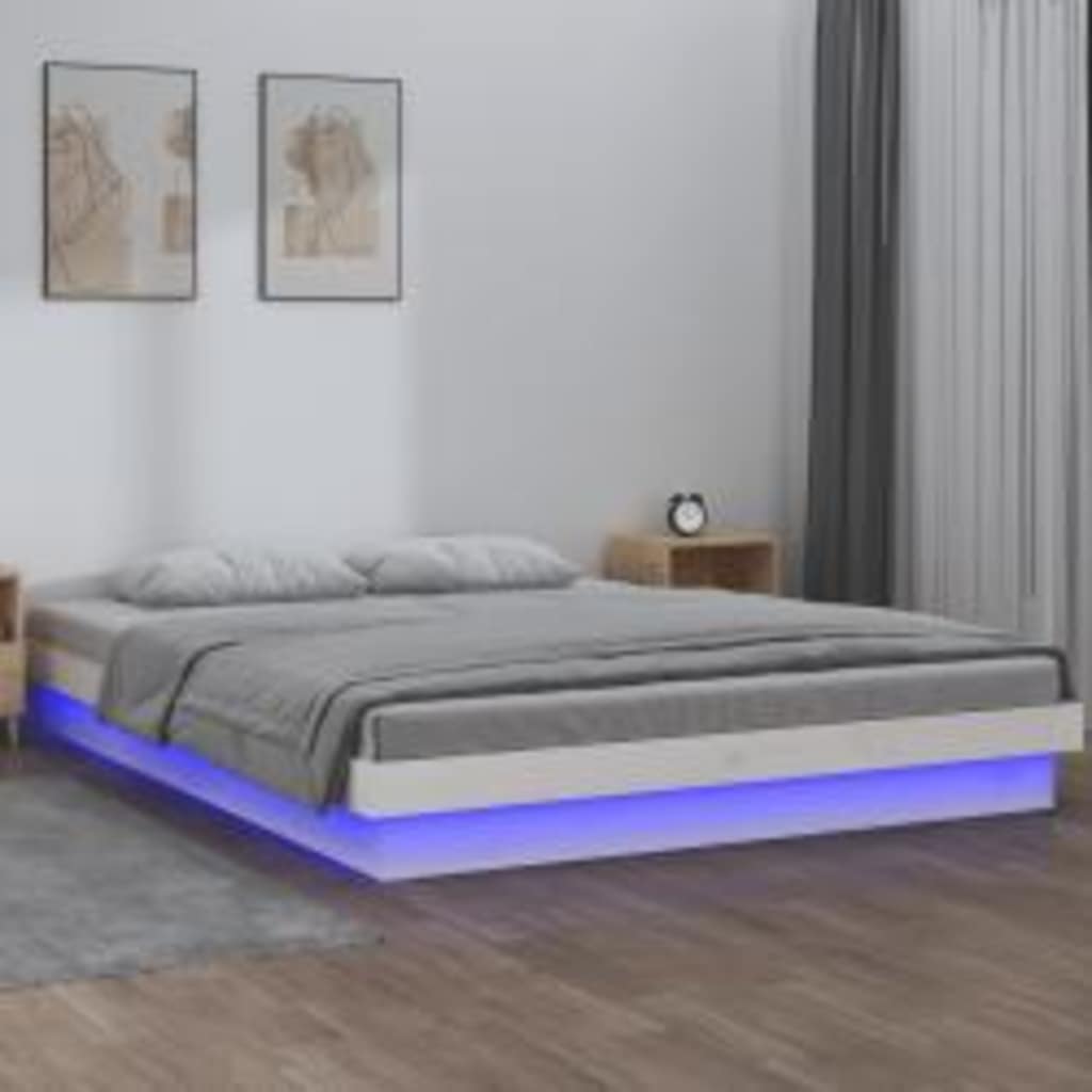 sengeramme med LED-lys 140x200 cm massivt træ hvid