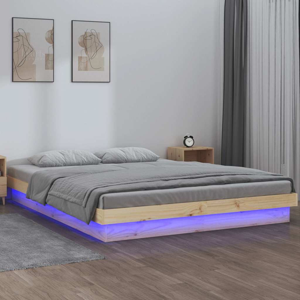 sengeramme med LED-lys 150x200 cm kingsize massivt træ