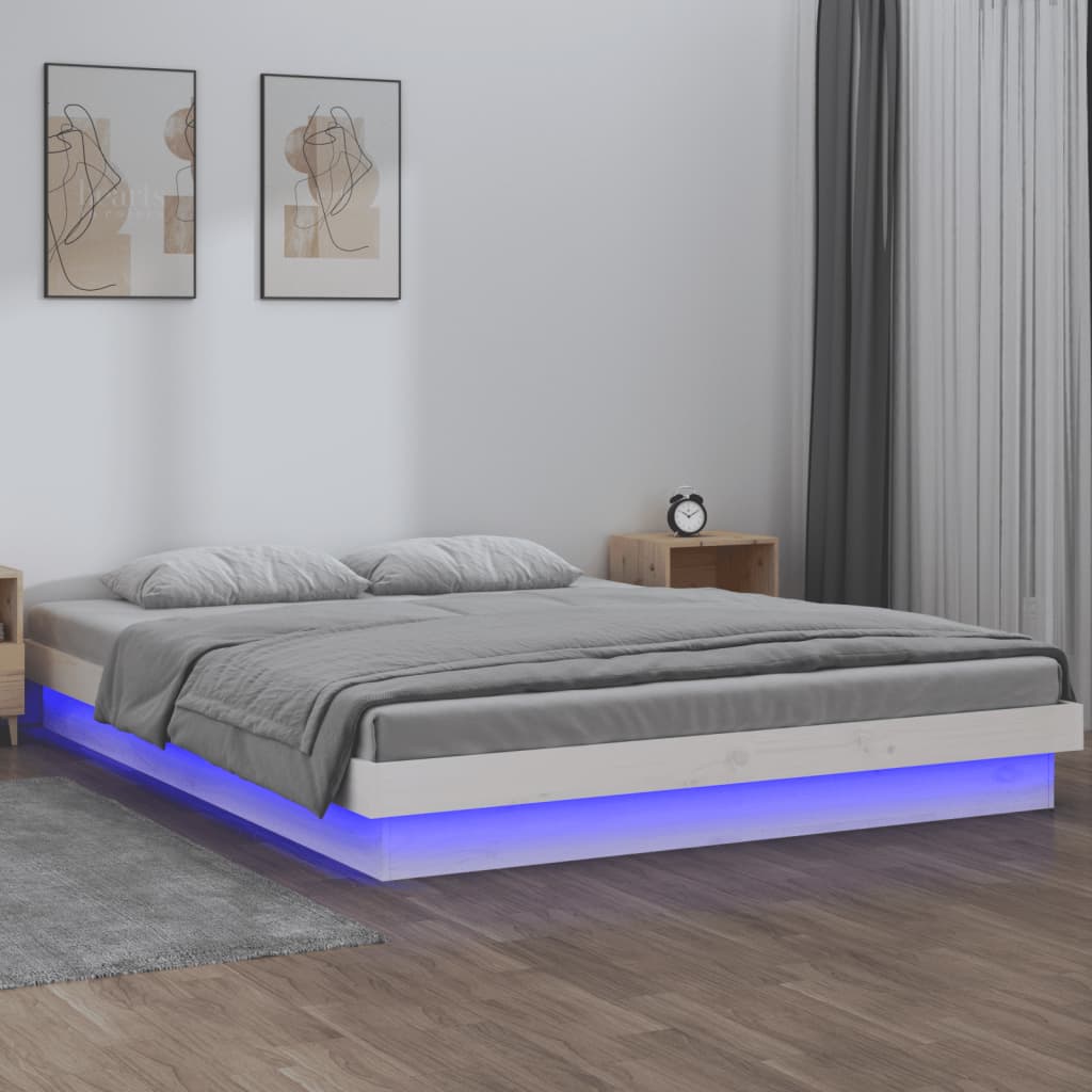 sengeramme med LED-lys 135x190 cm dobbelt massivt træ hvid
